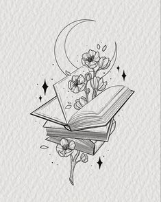 Book stocked tattoo with flowers and the moon design for tattoo Reader Tattoo, Book Inspired Tattoos, Reading Tattoo, Fantasy Tattoos, Tattoos For Lovers, Simplistic Tattoos