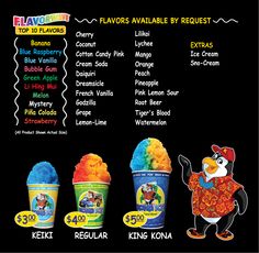 an ice cream menu with different flavors and prices for each item in the buckets