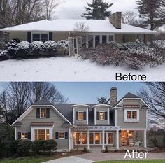 before and after photos of a house in the winter with snow on the roof, front porch and side yard