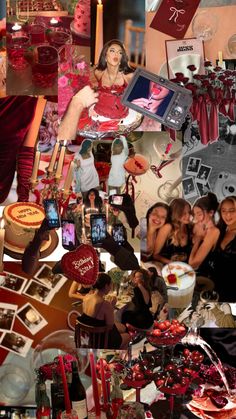 a collage of photos with people and pictures on them, such as wine glasses