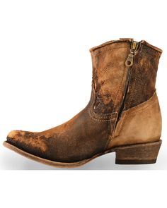 Corral Women's Lamb Abstract Short Western Boots, Chocolate Rustic Leather Moto Boots For Ranch, Rugged Leather Sole Moto Boots For Western-themed Events, Rugged Moto Boots With Leather Sole For Western-themed Events, Rugged Moto Boots With Leather Sole For Western Events, Rustic Vintage Brown Leather Moto Boots, Rugged Distressed Brown Boots With Leather Footbed, Rugged Distressed Brown Snip Toe Moto Boots, Rugged Distressed Brown Moto Boots With Snip Toe, Rugged Moto Boots With Snip Toe And Leather Sole