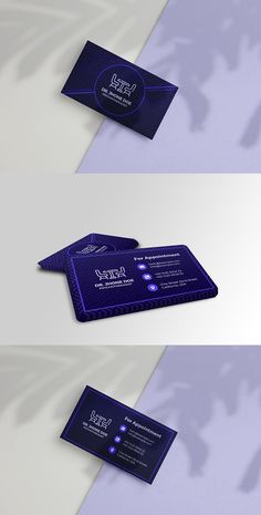 two business cards with the same design on them, one in blue and one in purple