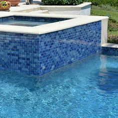 Pool spa featuring a blue subway glass tile by Mineral Tiles Recycled Tile, Glass Pool Tile, Dream Backyard Pool, Pool Lounge Chairs, Swimming Pool Tiles, Pools Backyard Inground, Blue Pool, Pool Remodel, Pool Coping