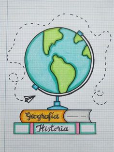 a drawing of a globe on top of books with the word geographia written below it