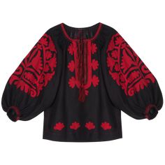 A piece from our newest collection: the sophisticated Shalimar blouse with intricate hand-cut appliqué embroidery.  Available exclusively on this website.     This blouse has a loose fit, and comes in 3 sizes: Medium (M), Small (S) and Extra Small (XS).  See our size guide for more details.  100% Linen  Dry Clean Only     Black with Red Appliqué embroidery  Style Code: BLS-0012/SHL-1 Vita Kin, Embroidered Blouses, Embroidered Blouse, Embroidery Applique, Shop Blouses, Exclusive Designs, Bell Sleeve Top, Fashion Dresses, Loose Fitting