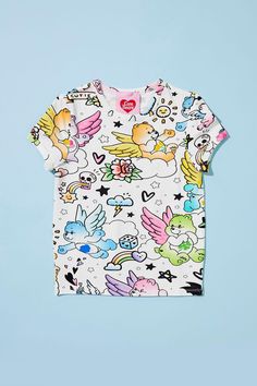 Girls Care Bears Print Tee (Kids) Fun Unicorn Print T-shirt For Summer, Playful Short Sleeve T-shirt With All Over Print, Cute Multicolor T-shirt For Playwear, Multicolor Spring T-shirt For Playwear, Playful Cotton T-shirt With Unicorn Print, Cotton Multicolor Cartoon Print Tops, Cotton Tops With Multicolor Cartoon Print, Cotton Tops With Cartoon Print In Multicolor, Cute Multicolor Printed T-shirt