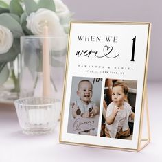 a photo frame with two photos on it next to a vase and candlesticks