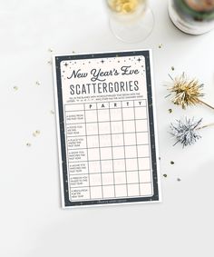 a new year's eve scatterergories game on a table