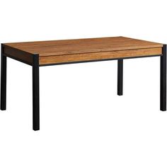 a wooden table with black metal legs and a wood top on an isolated white background