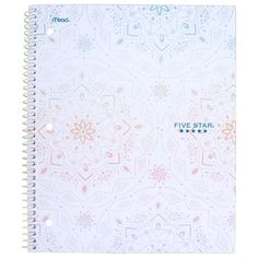 a white spiral notebook with an intricate pattern on the front and back cover that says five star