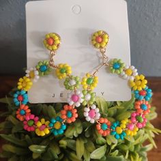 Flower Beaded Earrings Studs New Summer Boho Floral Colorful Hippy Jewelry Gift Spring Beaded Flower Earrings For The Beach, Spring Beach Flower Beaded Earrings, Colorful Dangle Earrings For Spring, Multicolor Flower Earrings With Colorful Beads, Multicolor Flower Earrings For Summer Beach, Yellow Flower Earrings For Party, Trendy Multicolor Flower Earrings For Spring, Colorful Spring Dangle Earrings, Spring Multicolored Dangle Earrings