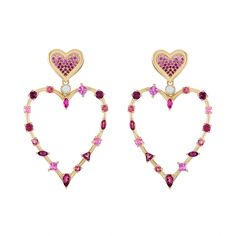 Elegant Multicolor Valentine's Day Jewelry, Pink Heart Gemstone Earrings, Pink Heart-shaped Gemstone Earrings, Fine Jewelry Heart Shaped Multi-stone, Elegant Multicolor Earrings For Valentine's Day, Luxury Double Heart Earrings For Valentine's Day, Fine Multi-stone Heart-shaped Jewelry, Multicolor Heart-shaped Pierced Jewelry, Elegant Heart-shaped Multi-stone Jewelry