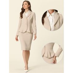 The set features a long-sleeve blazer with a notched lapel design that accentuates the sophisticated look of the suit. The peplum detail on the blazer adds a feminine touch and enhances your curves. It is a must-have choice for your work wardrobe in the new season. The pencil skirt in this set complements the blazer perfectly with its sleek design. It features a high waistline that flatters your figure and creates a professional look. The knee-length cut makes the skirt appropriate for formal an Pencil Skirt Suit, Business Casual Skirt, Lapel Design, Midi Skirt With Pockets, Blazer And Skirt Set, Peplum Blazer, Set Outfits, Skirt Suit Set, Blazer And Skirt