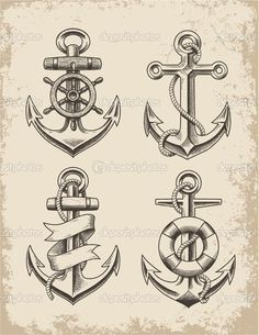 an anchor, rope and banner set in vintage style on old paper stock photo - image