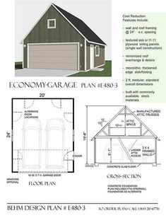 the plan for a two car garage with an attached porch and living room on one side