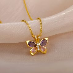 Made For Both Women And Men. DETAILS: • Chain Length: ~17 inches • Gold Or Silver Finish • Cubic Zirconia Gem Amethyst Butterfly, Butterfly Necklace Gold, Silver Butterfly, Butterfly Necklace, Butterfly Pendant, Chain Lengths, Chain Length, Gift For Him, Gifts For Him