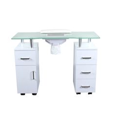 an office desk with two drawers and a glass top