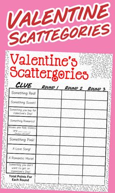 valentine's scategories game is shown with the words