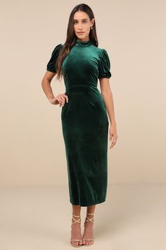 Emerald Velvet Dress - Puff Sleeve Dress - Backless Midi Dress - Lulus Winter Graduation Dress, Emerald Velvet Dress, Knot Tie Dress, Tea Length Prom Dress, Emerald Velvet, Short Graduation Dresses, Midi Dress Green, Backless Midi Dress, Column Skirt