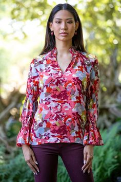 Elevated and stylish, the simple lines of this classic piece are juxtaposed against the romantic double smocked sleeves. Wear yours with sleek tailoring. Poppy Fields, Travel Chic, Blue Poppy, French Floral, Blouse Sleeveless, Blouse Short Sleeve, Long Blouse, Simple Lines, Cotton Blouses