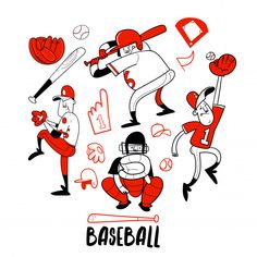 an illustration of baseball players with bats, gloves and balls in their hands on a white background