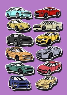 a bunch of different colored cars on a purple background with the same color as each car