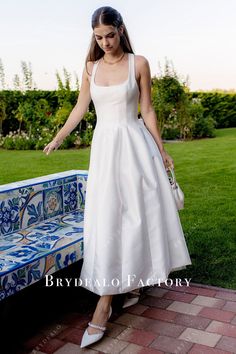 Barbara Palvin Sleeveless Ankle Length Wedding Reception Dress Spring Wedding Dress Short, Simple White Dress For Wedding, Simple Puffy Wedding Dress, White Dress Mid Length, A Line Midi Wedding Dress, Minimalist Wedding Dresses Short, Barbara Palvin Wedding Dress, Ankle Wedding Dress, Backyard Wedding Dress Simple