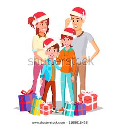 happy family with presents on christmas day, flat style illustration isolated on white background for your design