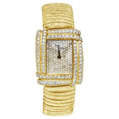 This beautiful watch is encrusted with 216 brilliant round diamonds. Diamonds weighing 2.40 carats total, E-F color and VS clarity. Made in 18 karat yellow gold. Approximately 116 grams Cartier Watches Women, Gold Diamond Watches, Vintage Watches Women, Diamond Quartz, Diamonds And Gold, Yellow Gold Bracelet, Beautiful Watches, Diamond Watch, Vintage Watches