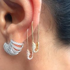 Pavé Diamond & 14K Solid Gold Safety Pin Earring ~ All Sizes (Real Natural Diamonds ~ for Earlobe, H Safety Pin Shaped Earrings With Ear Wire, Gift Safety Pin Shaped Single Earring, Single Safety Pin Earring, 14k Gold Wedding Ear Cuff For Pierced Ears, Safety Pin Earrings As Gift, Gold Prong Setting Ear Climbers For Gift, Gold Safety Pin Jewelry For Wedding, Wedding Drop Cartilage Earrings With Ear Wire, Sterling Silver Cartilage Earrings With Ear Wire For Wedding