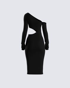 It's giving...a nice dinner out with the girls, and possibly hittin' the clubs right after 😝 Be ready for anything in this black, one-shoulder midi dress with long sleeves, and a waist cut-out design 💥 Club Midi Dress With Cutout, Black One-shoulder Dress For Night Out, One-shoulder Cutout Dress For Night Out, Black One Shoulder Dress For Spring, Black One-shoulder One-sleeve Spring Dress, Black One-shoulder One-sleeve Dress For Spring, Bodycon One-shoulder Midi Dress For Going Out, Asymmetrical Cutout Midi Dress For Night Out, Black One Shoulder Long Sleeve Party Dress