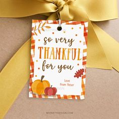 a thank you tag hanging from a yellow ribbon on top of a brown package with an orange bow