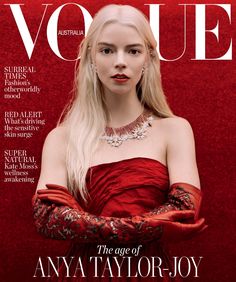 a magazine cover with a blonde woman in red dress and gloves on the front page