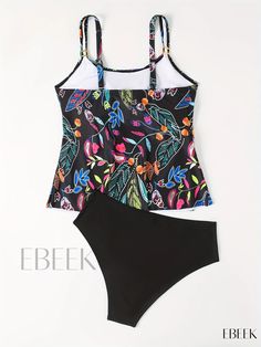 Ebeek - Womens Tummy Control Tankini: Floral Print 2 Piece Set, Black Stretchy Swimsuit for Beach Pool Bathing - Swimwear & Clothing Fitted Black Floral Print Tankini, Black Floral Print Tankini For Poolside, Black Floral Print Sleeveless Tankini, Black Printed Sleeveless Tankini, Printed Black Tankini For Swimming, Black Floral Print Tankini For Pool, Printed Black Tankini Beachwear, Printed Black Swimwear For Vacation, Black Printed Swimwear For Vacation