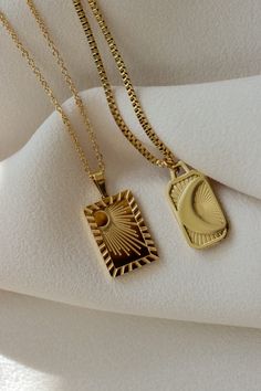 "✨GOLD FILLED SUN MOON PENDANT NECKLACE ✨ * Stainless Steel * Waterproof * It will not change color and can be worn in water. Our jewelry is made to last, anti-tarnish, higher durability than a regular gold-plated material, perfect for everyday wear. -- We are very proud of what we sell and you will not be disappointed. Please check our customer reviews. OTHER DETAILS ---------------------- * Durable and long-lasting material, perfect for daily wear or special occasion * Hypoallergenic and Lead, Gold Rectangular Charms Necklace, Rectangular Adjustable Chain Jewelry For Mother's Day, Neckles Ideas, Gold Square Pendant Jewelry For Birthday, Sun Moon Necklace, Moon Necklace Gold, Rectangle Pendant Necklace, Elegant Gift Wrapping, Sun And Moon Necklace