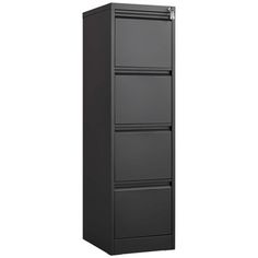 a black filing cabinet with three drawers