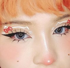 Hello Kitty Eye Contacts, Hello Kitty Make Up Looks, Hello Kitty Makeup Ideas, Hello Kitty Inspired Makeup, Hello Kitty Eye Makeup, Kitty Makeup Halloween, My Melody Makeup Look, Hello Kitty Halloween Makeup