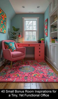 Want some inspiration for the extra small spaces in your home? We’ve put together 40 small bonus room ideas you’ll love!rn Box Room Home Office Ideas, Punk Office Decor, Garden Office Decor Ideas, Pink Eclectic Decor, Small Tiny Room Ideas, Small Place Decoration Ideas, Tiny Living Room Ideas Layout, Small Colorful Office, Happy Office Space