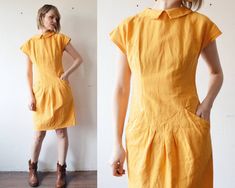 "Free shipping worldwide! Please press \"Learn more about this item\" to read full description and measurements below ↓. Pure sunshine in form of a dress - dark yellow linen or blend (no tag but feels like it) dress with cute straight cut Peter Pan collar, batwing top, fitted waist with a few pleats in front, spacious pockets on sides, closes with zipper at the back. Unlined. Seems to be custom made. Brand: not stated, could be custom made Material: appears to be linen or blend Size: estimated M Fitted Knee-length Linen Summer Dress, Yellow Linen Short Sleeve Dress For Summer, Fitted Yellow Linen Dress, Yellow Fitted Linen Dress, Vintage Knee-length Linen Dress For Spring, Vintage Knee-length Linen Dress, Summer Yellow Linen Dress, Vintage A-line Linen Summer Dress, Vintage Summer Linen Midi Dress