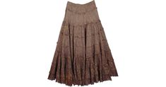 Ombre Brown Lurex Tiered Skirt with Golden Thread in Clothing - This cool bohemian brown ombre skirt with golden thread details is perfect for an evening party. Features: Junior-Petite, Tiered-Skirt, Dance. Elegant Brown Tiered Skirt Bottoms, Elegant Brown Maxi Skirt For Party, Party Brown Lined Maxi Skirt, Elegant Brown Tiered Skirt, Brown Long Skirt For Party, Brown Flared Skirt For Party, Party Brown Flared Skirt, Brown Party Bottoms With Flowy Fit, Bohemian Tiered Maxi Skirt For Parties