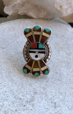 Beautiful Zuni Sun Native American Turquoise Coral Mother Of Pearl Stone Inlay Vintage Ring Adjustable Multicolor Multi-stone Turquoise Ring, Artisan Multicolor Multi-stone Rings, Southwestern Style Cabochon Rings, Collectible, Multicolor Multi-stone Turquoise Ring, Southwestern Style Cabochon Ring Collectible, Turquoise Inlay Ring Gift, Turquoise Inlay Ring As Gift, Unique Turquoise Multi-stone Rings, Bohemian Multi-stone Turquoise Ring