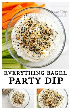 everything bagel party dip in a glass bowl with carrots and celery