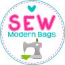 the sew modern bags logo is shown in pink and blue, with a sewing machine on