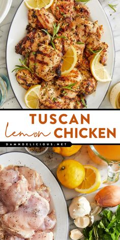 Want more meat main dishes? Here's a lemon chicken thigh recipe! Thanks to an olive oil marinade, these grilled Tuscan chicken thighs are deliciously moist, tender, and juicy. Save this easy dinner idea! Tuscan Lemon Chicken, Olive Oil Marinade, Lemon Chicken Thighs, Spring Dinner, Tuscan Chicken, Chicken Dishes Recipes, Mediterranean Diet Recipes, Spring Recipes