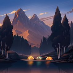 the mountains are reflected in the water at night with tents set up on the shore