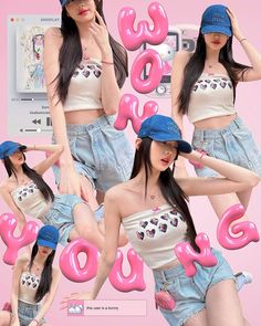 the girl is posing with her hands on her hips and wearing pink flamingo hats