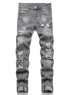 Men's Casual Distressed Tapered Denim Jeans Grey    Denim Colorblock,Plain,All Over Print Skinny High Stretch  Men Clothing, size features are:Bust: ,Length: ,Sleeve Length: Custom Jeans, Distressed Denim Jeans, Grey Denim, Jean Grey, Washed Jeans, Kids Sleepwear, Slim Fit Men, Men Clothing, Mens Denim