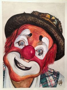 a drawing of a clown with red nose and white face wearing a black hat on top of his head