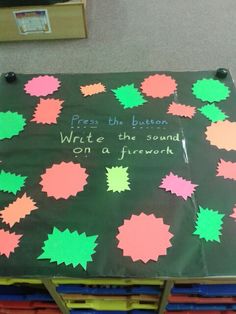 a bulletin board with writing on it in the middle of a classroom floor covered in colorful stars