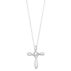 This cross pendant necklace features eye-catching diamond details. This cross pendant necklace features eye-catching diamond details. Nickel free Metal: sterling silver Length: 18 in. Packaging: boxed Finish: polished Pendant dimensions: 25.50 mm X 18.80 mm Chain type: cableDIAMOND DETAILS Total weight: 1/4 ct. Shape: round Setting: micro prong, prong Diamond weights are approximate. Diamond Total Weights may vary between .01 and .13 ct. Some diamonds consist of fewer than 17 facets. Gemstones m Diamond Cross Pendants, Diamond Cross, Cross Pendant Necklace, Cross Pendant, Jewelry Necklace Pendant, Jewelry Watches, Silver Necklace, Jewelry Necklaces, Pendant Necklace